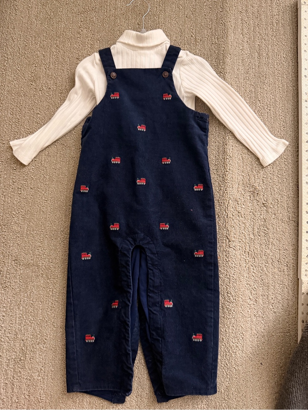 Janie and Jack Navy Corduroy Overalls with Red Train Embroidery